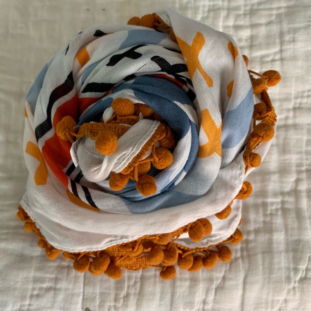 Orange, Blue & White Pom Pom Scarf